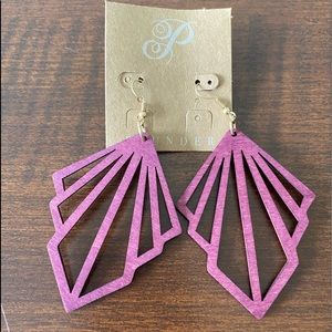 Plunder Design asymmetrical wooden pink earrings.